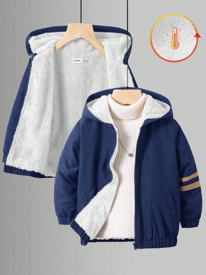 SHEIN 1 件装年轻男孩休闲学院风舒适纯黑色印花图案时尚百搭拉链连帽衫开衫夹克外套，适合秋冬季