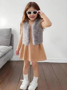Elladie kids Young Girl Solid Color Fuzzy Sleeveless Coat, Autumn/Winter Young Girls Furry Vest Fall - Grey - View 7