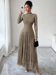 Modelyn Wine Red High Neck Waist Cinched Lace Dress For Women - Khaki - View 3