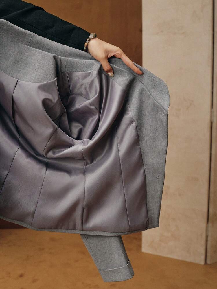 Women's Modern Grey Ruched Waist Tailored Blazer, Suitable For Winter, Autumn, Elegant, Business, Chic, Stylish, Luxury