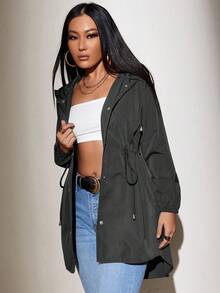 EURMUSE Casual Solid Color Drawstring Waist Hooded Jacket, Autumn - Grey - View 3