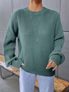 EURMUSE Casual Solid Color Drop Shoulder Sweater, Autumn/Winter - Mint Green - View 6