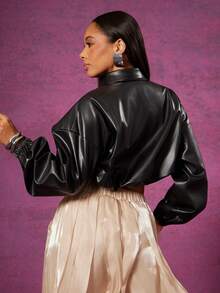 Vixey Stretch Faux Leather PU Quarter Sleeve Cropped Bomber Jacket - Black - View 4