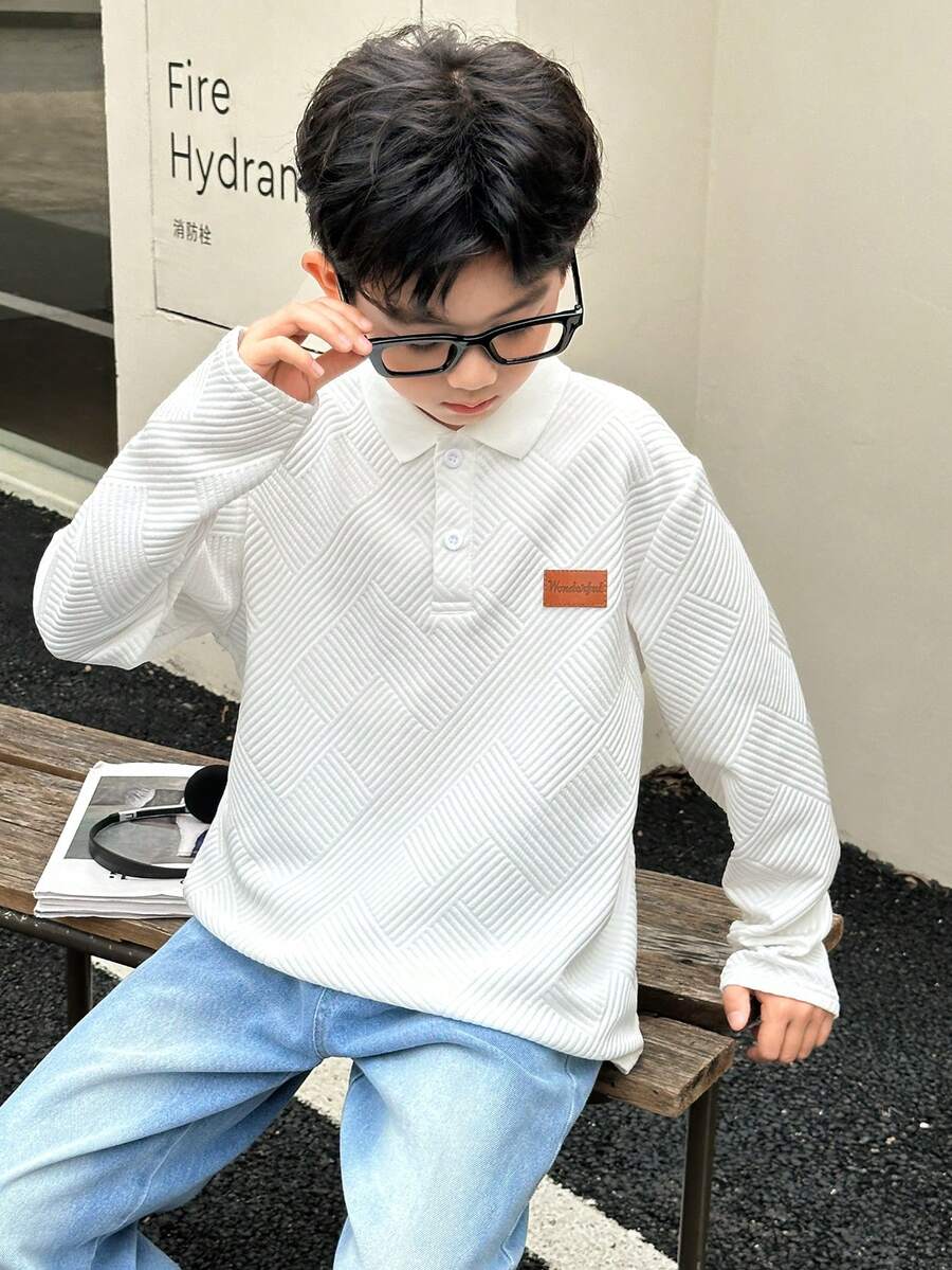 SHEIN Little Byeori 韩版男童休闲针织领长袖polo衫，适合通勤、上学、休闲、大学、运动、秋冬季穿着。
