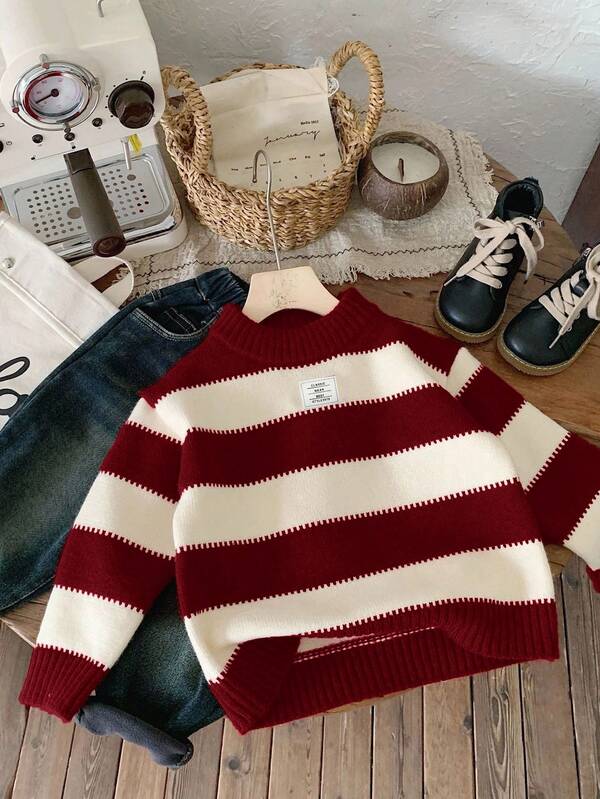 LMoss Kids LMoss 1pc Young Boys Korean Style Cute Casual Striped High Neck Oversized Warm Sweater, Can Be Worn Under Or Outerwear, Suitable For Outings, School, Daily Gatherings, Christmas, Autumn/Winter Red And White Sweaterkids Knit Sweaterstriped Sweater