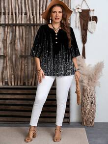 EMERY ROSE Plus Size Casual Notched Neck Half Sleeve Blouse With Random Print Design And Rhinestone Details,Spring/Summer/Vacation - Multicolor - View 3