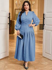 Modelyn Vestido plisado de manga farol de unicolor elegante para fiesta de talla grande - Azul - Ver 3