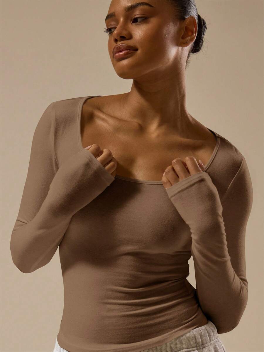 MUSERA ESSENTIALS Fitted Scoop Neck Long Sleeve Cotton Blended Top Classy Basic Sexy Spring Summer Holiday Casual - Coffee Brown - View 1