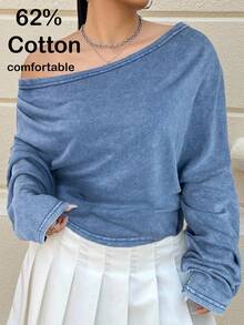 Muchica Áo thun cổ lệch màu xanh lam nhạt cỡ lớn, thường ngày, mùa thu - Màu xanh lam - Xem 1