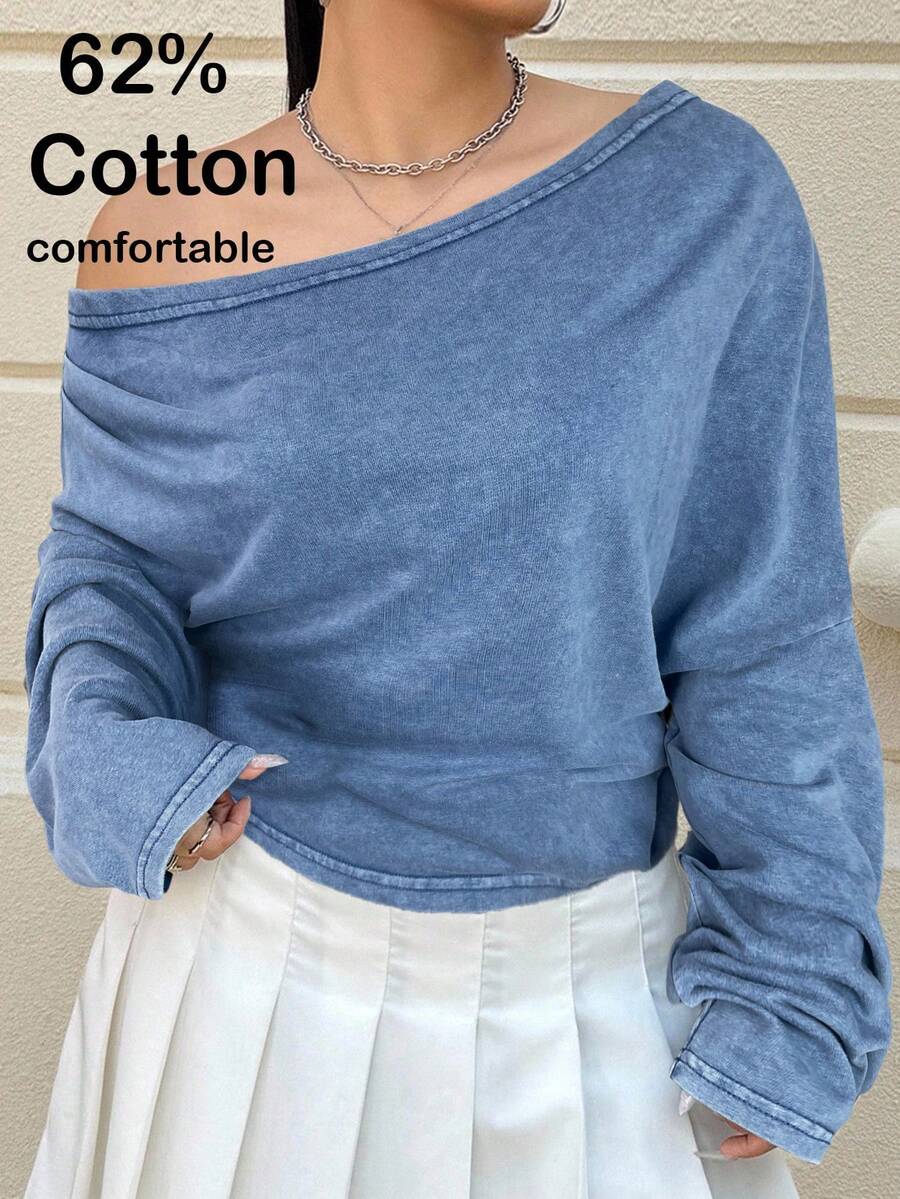 Muchica Áo thun cổ lệch màu xanh lam nhạt cỡ lớn, thường ngày, mùa thu - Màu xanh lam - Xem 1