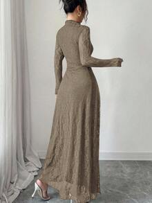 Modelyn Wine Red High Neck Waist Cinched Lace Dress For Women - Khaki - View 2