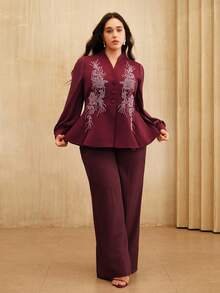 Anewsta Weinrote perlenbestickte elegante romantische taillierte V-Ausschnitt Langarm Jacke in Große Größen - Bordeaux - Übersicht 4