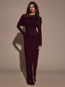 SHEIN BAE Đầm dài tay xếp ly màu trơn thanh lịch dành cho nữ - Màu tím - Xem 1