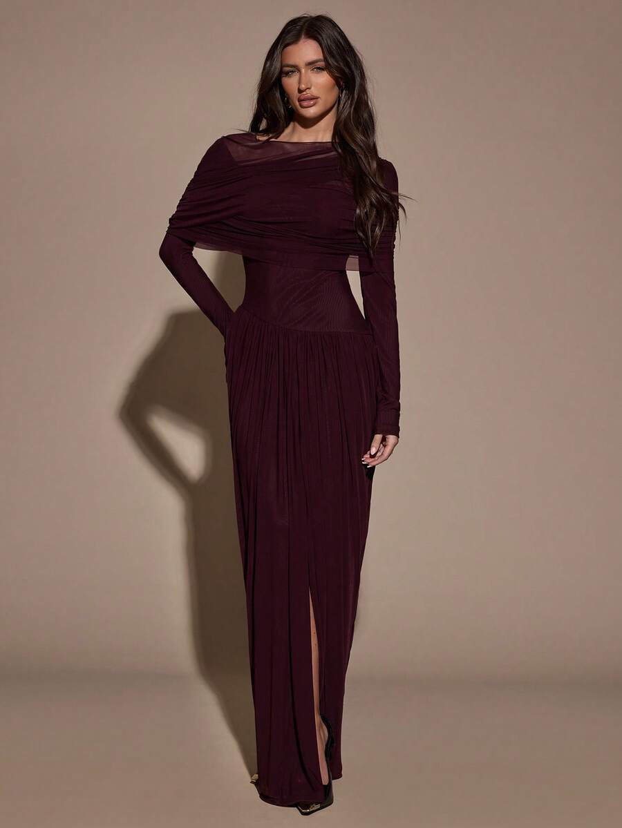 SHEIN BAE Đầm dài tay xếp ly màu trơn thanh lịch dành cho nữ - Màu tím - Xem 1