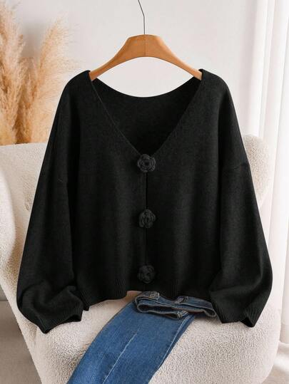 CosyJoli Plus Size Casual Loose V-Neck Floral Jacquard Pullover Sweater Autumn Winter Clothes For Women