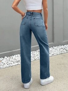 EURMUSE Hochgeschnittene gerade geschnittene hellblaue Jeans für Große - Graublau - Übersicht 2