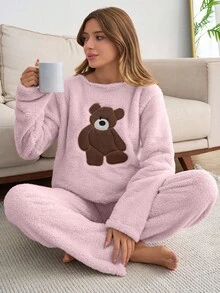 EURMUSE Plus 2pcs Plush Bear Embroidery Detail Homewear PJ Set - Baby Pink - View 3