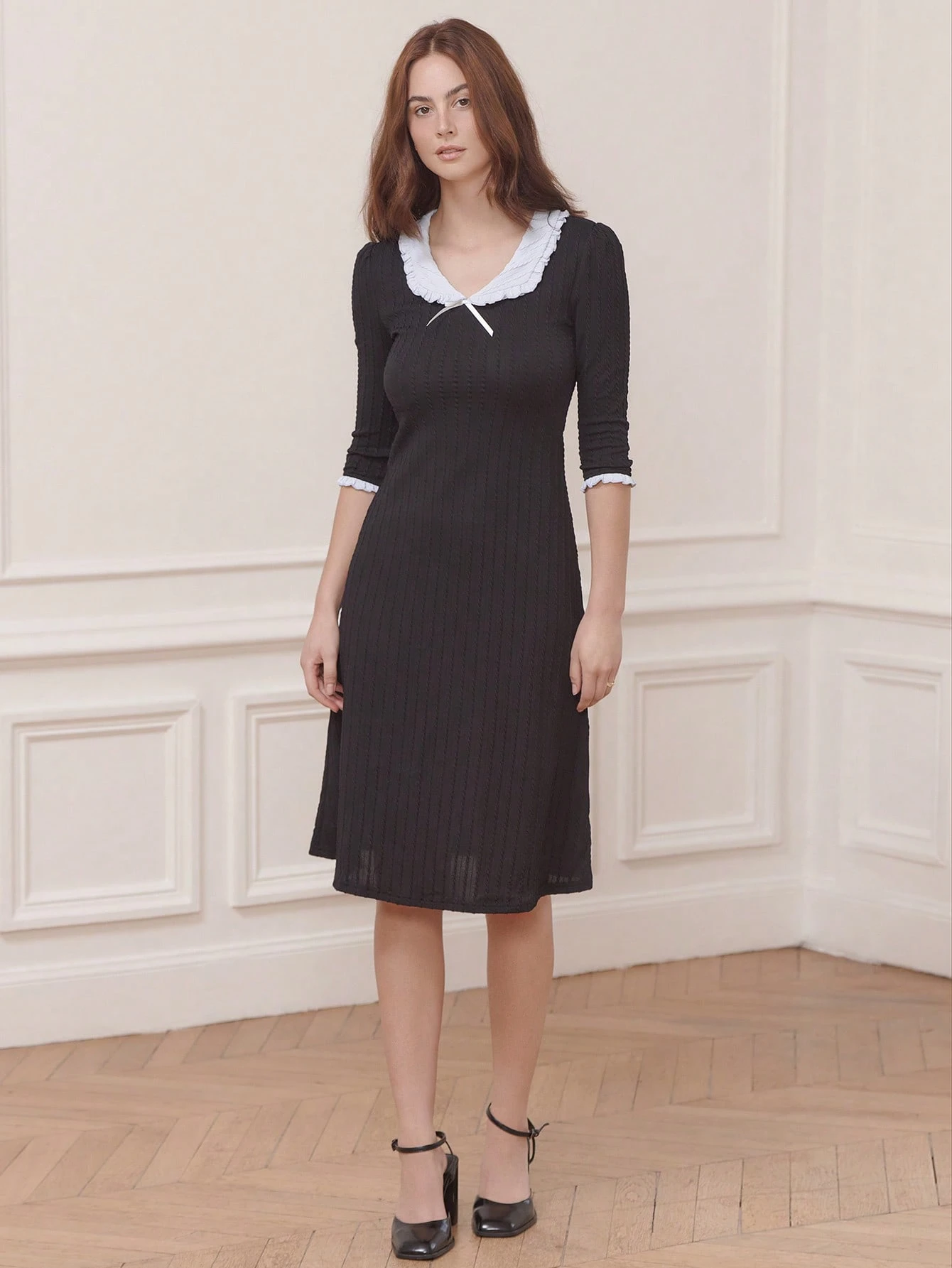 Black Ribbed Knit Midi Dress With Contrast Light Blue Ruffled Collar And Sleeve Cuffs Cute Vintage Dress Business Casual Dress Office Outfits