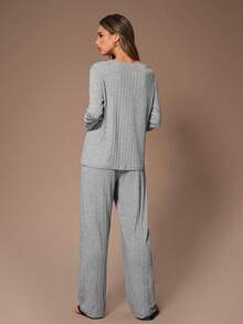 Lazeform 两件套女士休闲简约爱心印花柔软透气罗纹针织睡衣套装