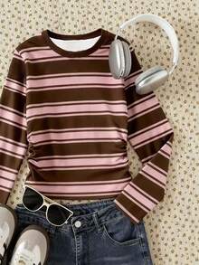 SHEIN Tween Girls Striped Slim Fit Long Sleeve T-Shirt, Suitable For Autumn/Winter, Layering Option, Fashionable Casual Wear, Graphic Design, Suitable For Outdoor Activities, Birthday Or Holiday Gift - Multicolor - View 3