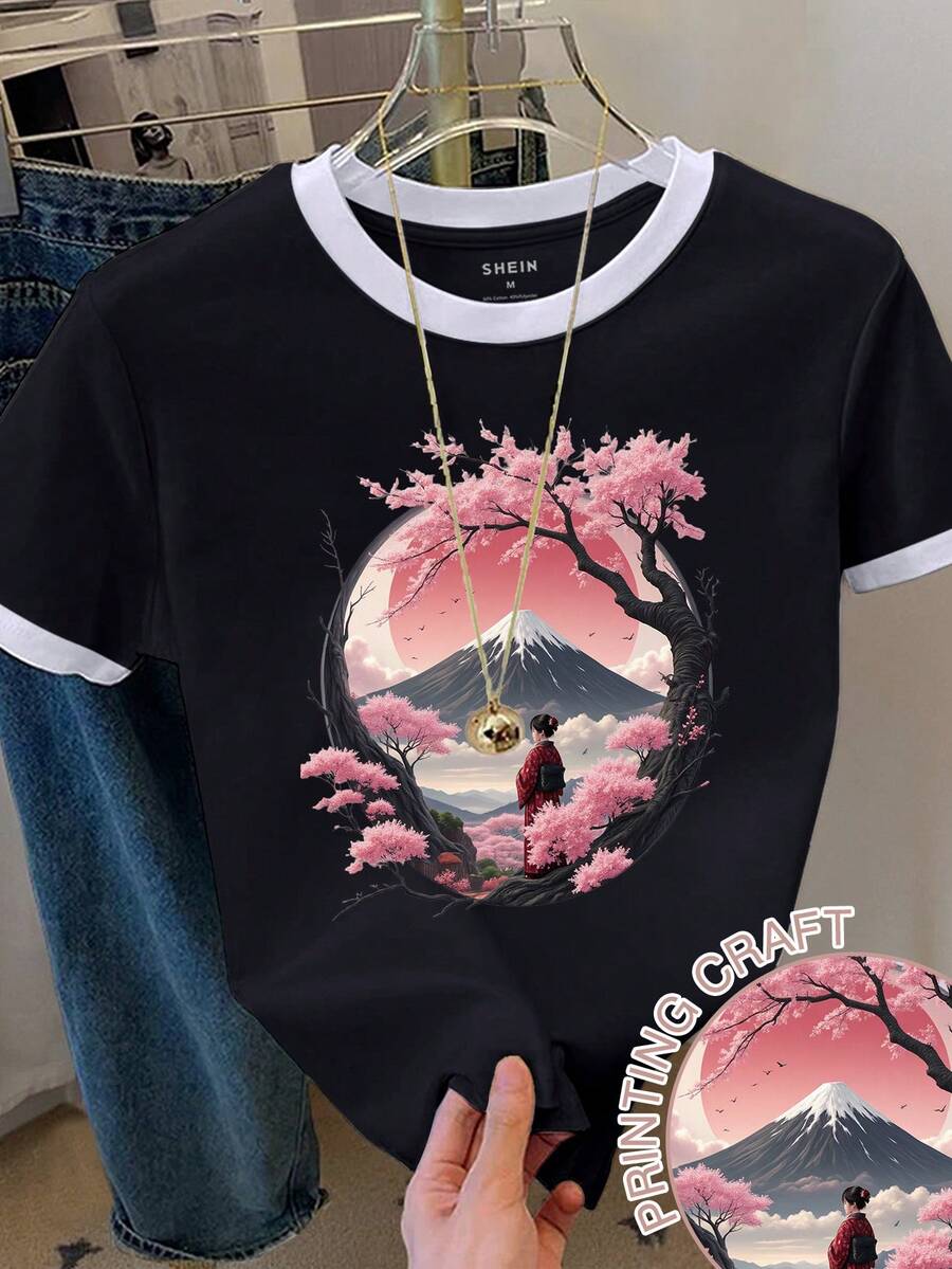 Resyla 女士休闲樱花印花圆领短袖撞色滚边T恤，夏季 - 黑色 - 查看 1