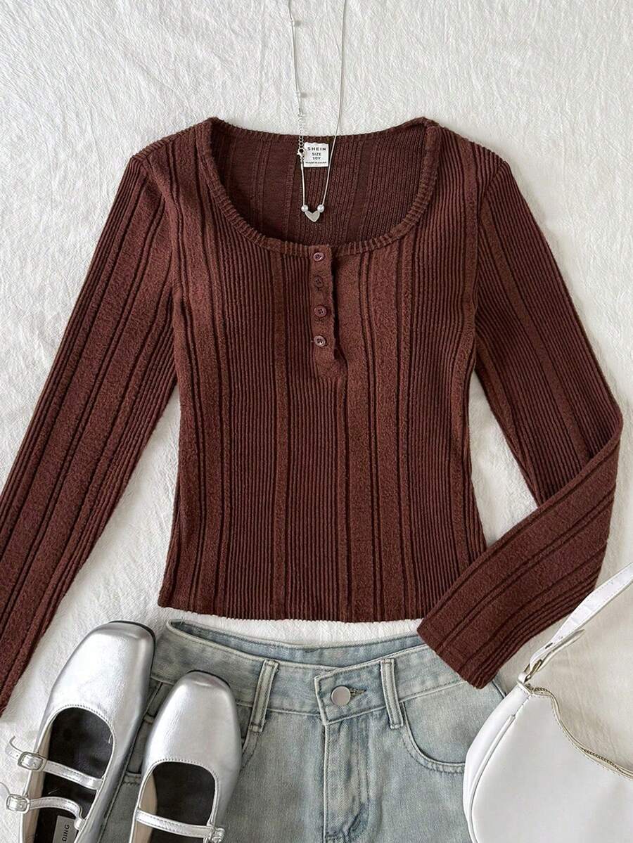 SHEIN Áo thun tay dài thoải mái, vừa vặn, có khóa kéo nửa thân dành cho bé gái tuổi mới lớn - Cà phê nâu - Xem 1