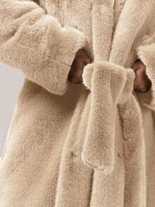 MUSERA Oversized Loose Fit Belted Maxi Length Fuzzy Fur Coat Classy Sexy Cute Night Out Vacation Autumn Fall Winter Outerwear September Spring - Cream - View 6