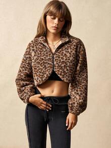 VARSIVA Women's Leopard Print Short Stand-Up Collar Zippered Elastic Cuff Windproof Fleece Jacket Autumn/Winter Style. - Multicolor - View 10