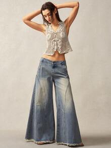 Bohemela Plus Size Low Waist Button Pocket Casual Wide Leg Pants