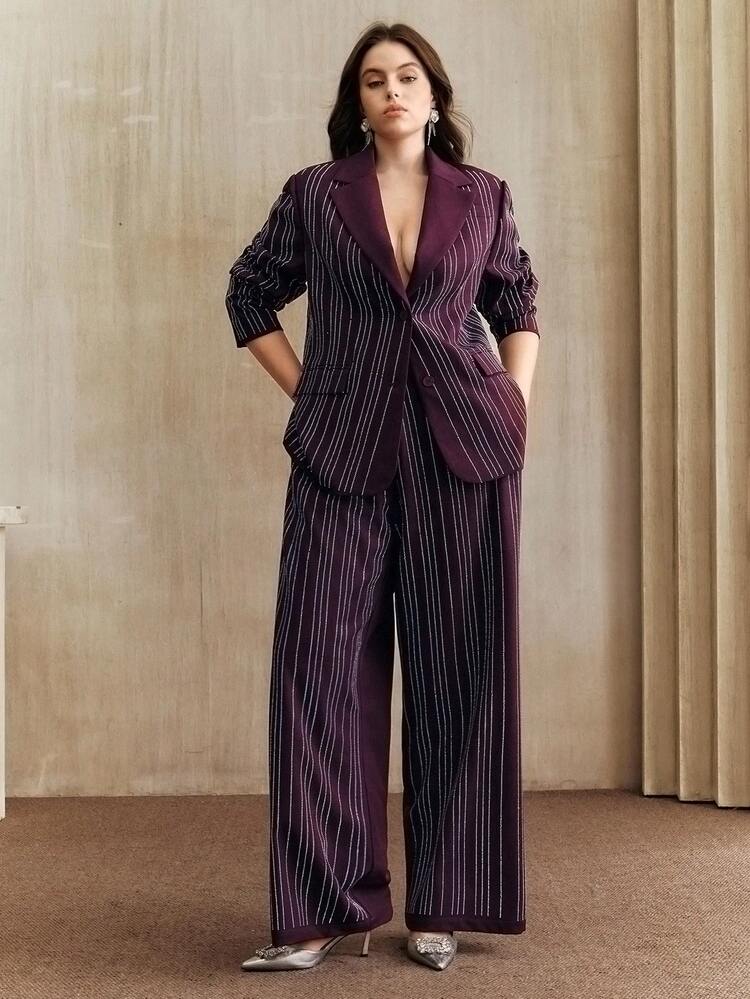 Conjunto de Blazer e Calça Elegante com Listras de Strass para Plus Size
