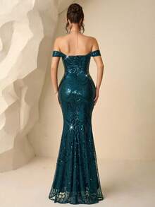 Coutiva Luxury Sequin Embroidered Formal Gown, High-End Elegant Party Dress Teal Formal Dress Off Shoulder Formal Dress Teal Sequin Dress Teal Cocktail Dress Teal Sparkly Dress - Dark Green - View 2