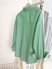 SHEIN Plus Size Women's Knight Print Striped Drop Shoulder Long Sleeve Single-Breasted Casual Shirt - Army Green - View 2
