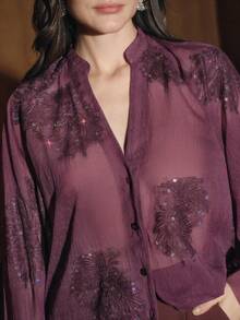 Anewsta Loose Semi-Sheer V-Neck Embroidered Long Sleeve Shirt With Colorful Sequin Detailing, Elegant Office Style For Women - Red Violet - View 3