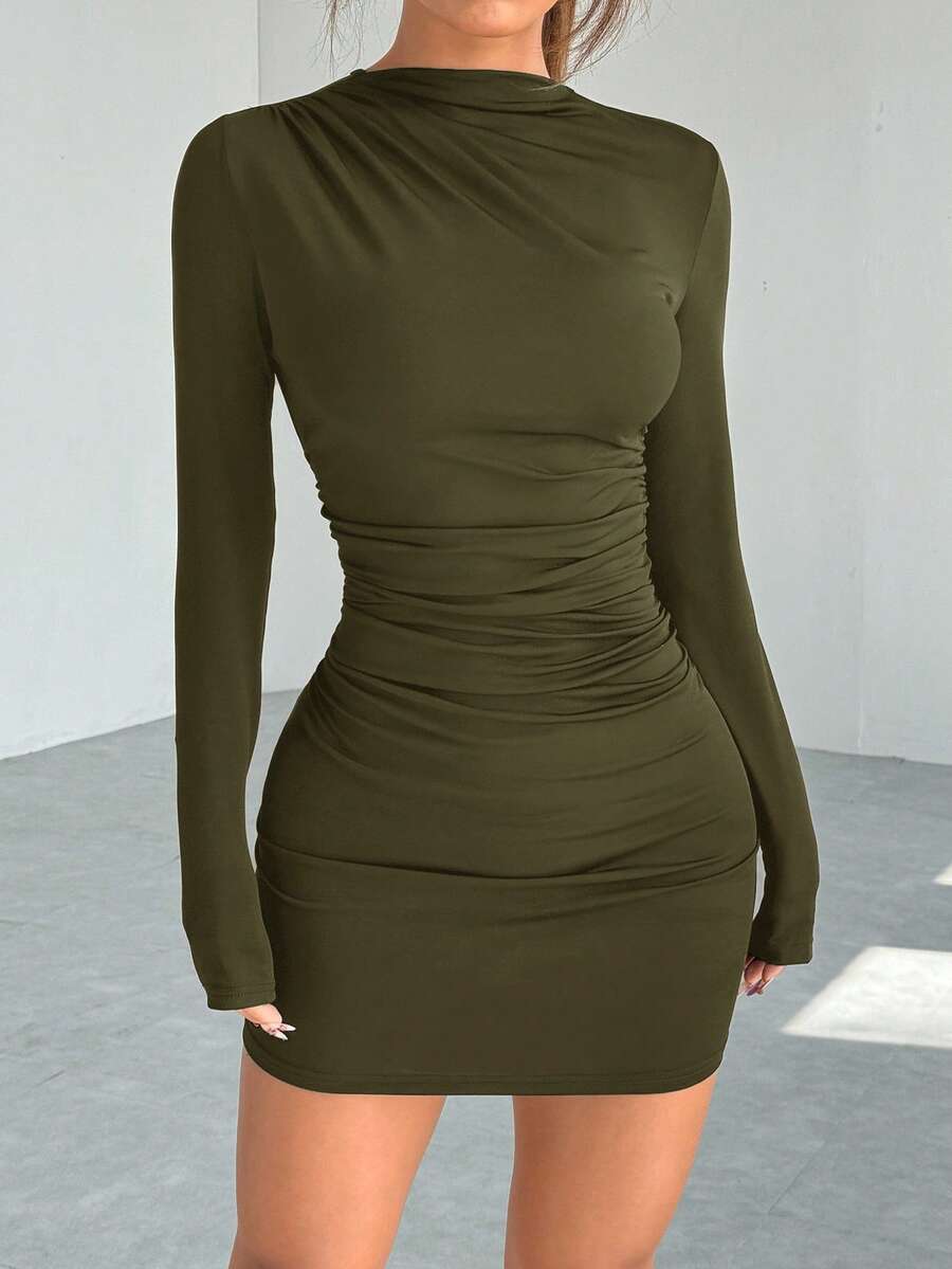 SHEIN EZwear Women's Simple Solid Color Ruched Body-Con Dress, Autumn Sexy Long Sleeve Dresslong Sleeve Black Dress Ruched Bodycon Dress Army Green Dress Women Women Long Sleeve Dress Olive Dress - Army Green - View 1