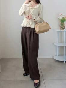 FRIFUL 女士撞色蕾丝荷叶边长袖纽扣前开襟时尚T恤 - 米色 - 查看 2