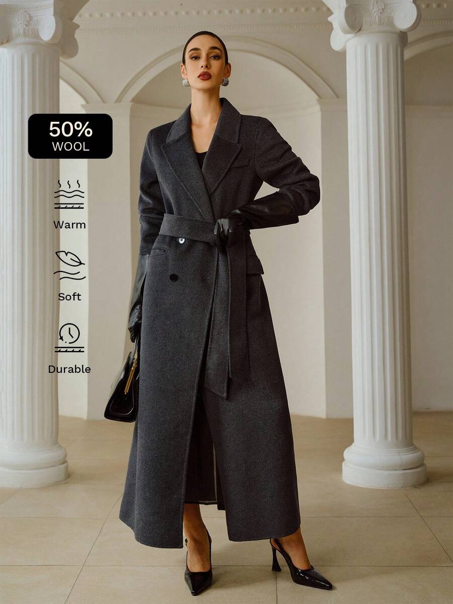 ZEYLAH Abrigo largo extra de mujer con cuello en pico y doble botonadura, informal, para otoño/invierno