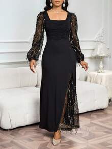 SHEIN Lady Đầm dự tiệc bodycon tay dài đính tua rua sequin dành cho nữ - Đen và vàng - Xem 3