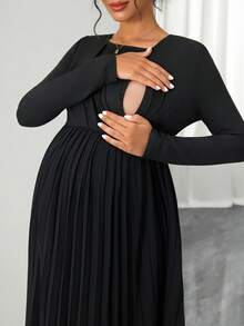 SHEIN Vestido de enfermería con mangas largas, amigable para la lactancia, diseño de dobladillo plisado de doble capa, vestido largo