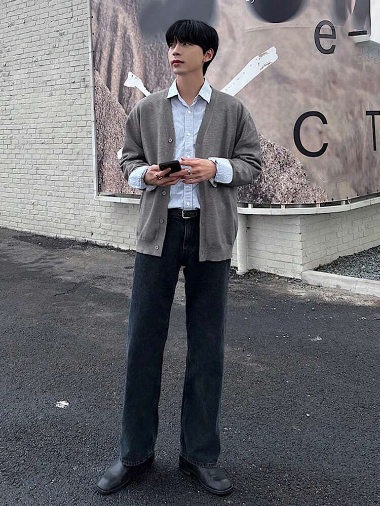 Men's Grey Casual Single-Breasted Knitted Cardigan, Autumn/Winter