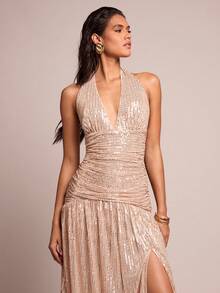 SHEIN Glamour Vestido glamoroso y sexy de mujer con cuello en V profundo, abertura lateral y dobladillo con lentejuelas de unicolor