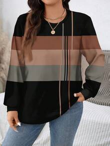 EMERY ROSE Preppy-inspirierter kontrastierender Dreifarbstreifen monochromer gestreifter Muster, lässig, locker geschnittener Rundhals-Sweatshirt, Große Größen Winteroberteil für Frauen Pullover für Frauen Tops, Große Größen Damenmode für Lehrertag, Homecoming und Musikfestivals. - Verschiedenfarbig - Übersicht 6