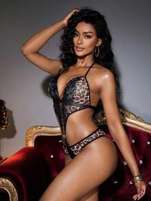 Bare Chapter Damen Body mit Spitzenmuster und Patchwork-Design, klassisches Tiermuster