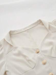 SHEIN LUNE 女款優雅心形領泡泡袖金屬鈕扣設計極簡主義襯衫,米白色秋季辦公商務通勤長袖優雅上衣 - 杏色 - 查看 13
