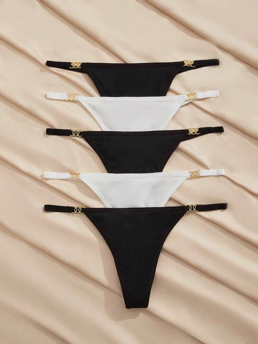 Charlaine 5pcs/Pack Women's Sexy Metallic Chain Decor Solid Color Low-Rise Thong Panties - Multicolor - View 1