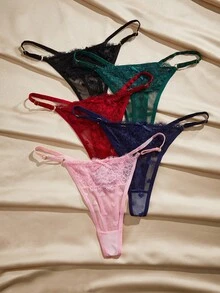 Charlaine 5条/包 女士低腰蕾丝丁字裤，随机心形图案 - 彩色 - 查看 3