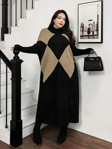 Feyla 大码菱形图案宽松优雅长袖毛衣裙 - 彩色 - 查看 6