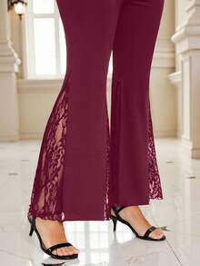 SHEIN Clasi Quần ống loe bó sát phối ren co giãn cỡ lớn màu đen - Màu Đỏ Sâu - Xem 7