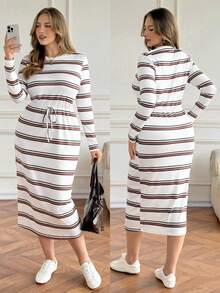 Vionelle Plus Size Women Elegant French Style Casual Striped Long Sleeve Dress Stripe Dress Long Sleeve Midi Dress Striped Midi Dress Casual Midi Dress Modest Midi Dress Modest Dress - Multicolor - View 9