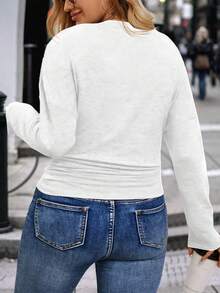 EMERY ROSE Áo thun nữ cổ chữ V viền nhún thời trang thường ngày mới thu/đông cỡ lớn - trắng - Xem 2