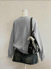 INAWLY Women's Fashionable English Print Dropped Shoulder Crew Neck Sweatshirt - Grey - View 2